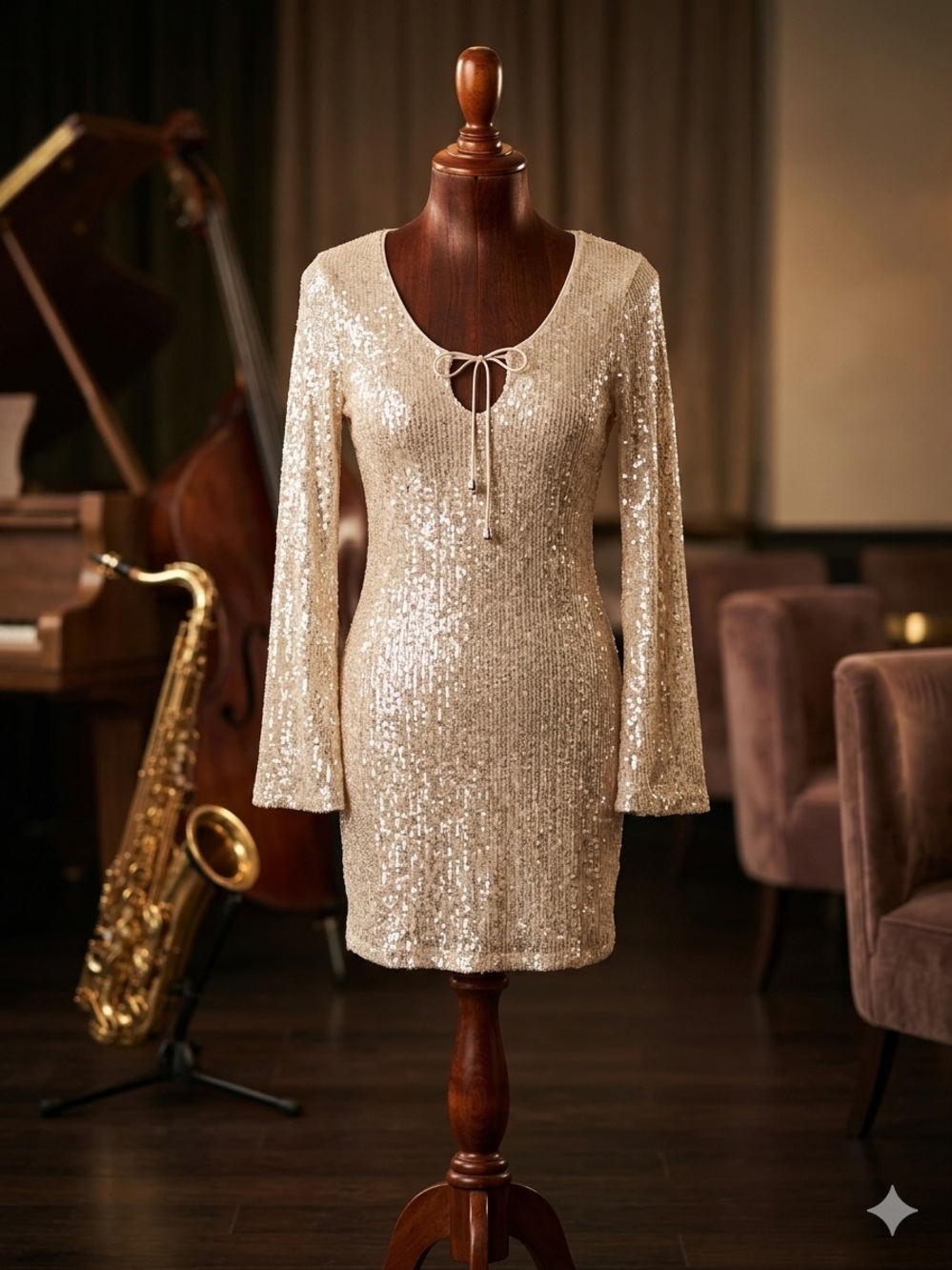 NWT Wild Fable Champagne Sequin Bell Sleeve Mini Dress